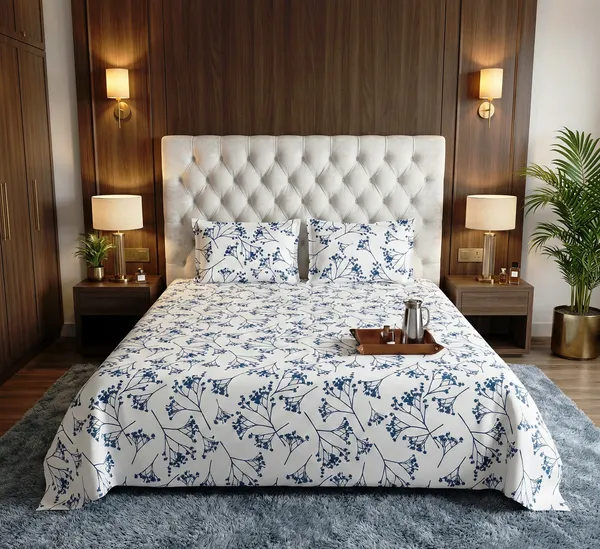 Luxury_White_&_Blue_Botanical_Print_Soft_Cotton_Feel_Super_King_Size_Double_Bedsheet_With_2_Pillow_Cover_|108*108_Inch_|_140_GSM