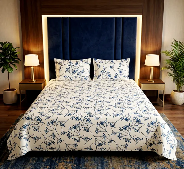 Luxury_White_&_Blue_Botanical_Print_Soft_Cotton_Feel_Super_King_Size_Double_Bedsheet_With_2_Pillow_Cover_|108*108_Inch_|_140_GSM