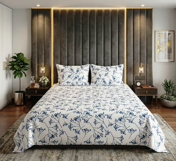 Luxury_White_&_Blue_Botanical_Print_Soft_Cotton_Feel_Super_King_Size_Double_Bedsheet_With_2_Pillow_Cover_|108*108_Inch_|_140_GSM