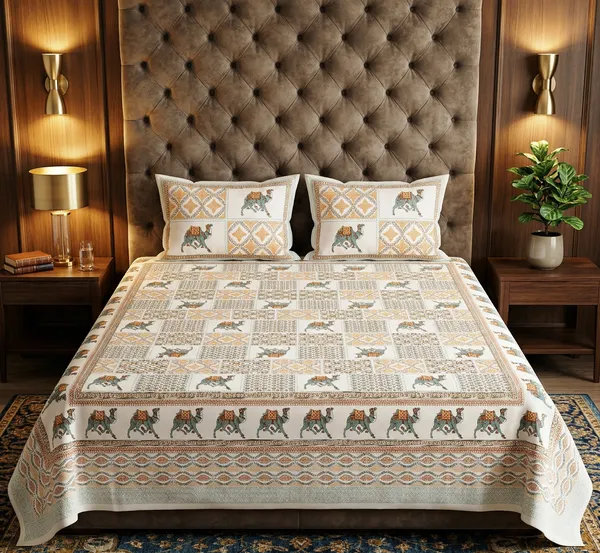 Camel_and_Patchwork_Design_100%_Pure_Cotton_Super_King_Size_Double_Bedsheet_Set_with_2_Pillow_Covers_|_108*108_Inch_|_300_TC