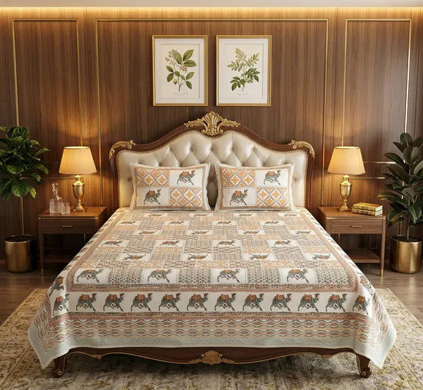 Camel_and_Patchwork_Design_100%_Pure_Cotton_Super_King_Size_Double_Bedsheet_Set_with_2_Pillow_Covers_|_108*108_Inch_|_300_TC