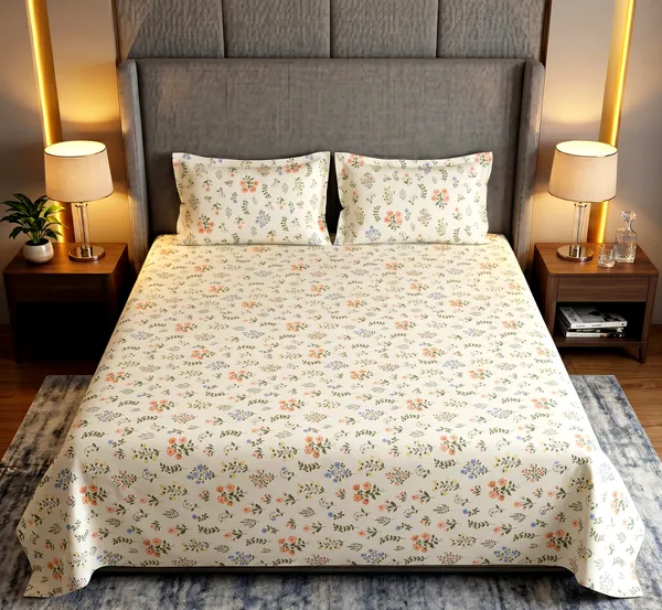 Wildflower_Dream_Queen_Size_Double_Bedsheet_Set-Delicate_Botanical_Print_|__Skin-Friendly_Soft_Cotton_Feel_|_3-Piece_Set_|_90*100_Inch_|_140_GSM