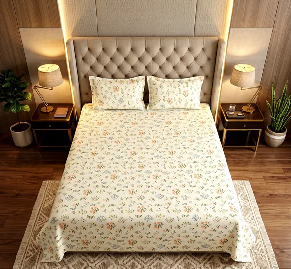 Wildflower_Dream_Queen_Size_Double_Bedsheet_Set-Delicate_Botanical_Print_|__Skin-Friendly_Soft_Cotton_Feel_|_3-Piece_Set_|_90*100_Inch_|_140_GSM