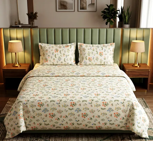 Wildflower_Dream_Queen_Size_Double_Bedsheet_Set-Delicate_Botanical_Print_|__Skin-Friendly_Soft_Cotton_Feel_|_3-Piece_Set_|_90*100_Inch_|_140_GSM