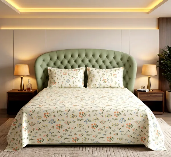Wildflower_Dream_Queen_Size_Double_Bedsheet_Set-Delicate_Botanical_Print_|__Skin-Friendly_Soft_Cotton_Feel_|_3-Piece_Set_|_90*100_Inch_|_140_GSM