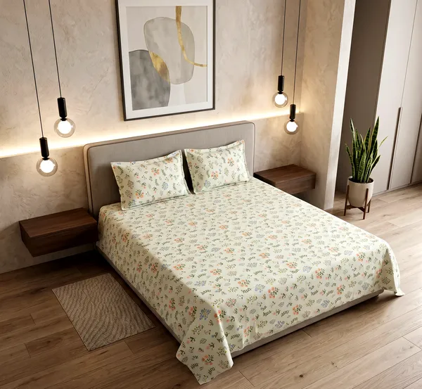 Wildflower_Dream_Queen_Size_Double_Bedsheet_Set-Delicate_Botanical_Print_|__Skin-Friendly_Soft_Cotton_Feel_|_3-Piece_Set_|_90*100_Inch_|_140_GSM