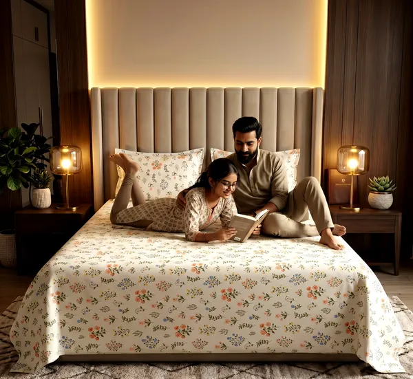 Wildflower_Dream_Queen_Size_Double_Bedsheet_Set-Delicate_Botanical_Print_|__Skin-Friendly_Soft_Cotton_Feel_|_3-Piece_Set_|_90*100_Inch_|_140_GSM