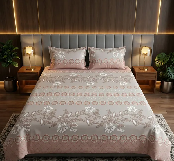 Pink_Paradise_Floral_100%_Cotton_Feel_Flat_Double_Bedsheet_With_2_Pillow_Cover_|_90*100_Inch_|_140_GSM_|_Queen_Size
