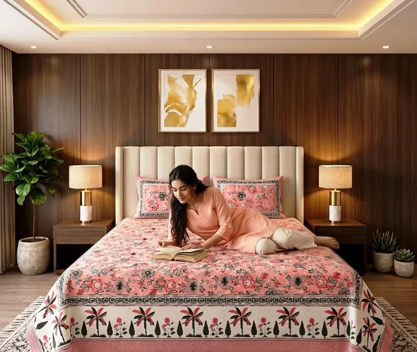 Premium_Peach_Blossom_&_Palm_Motif__100%_Pure_Cotton_Super_King_Size_Double_Bedsheet_with_2_Pillow_Cover_|_108*108_Inch_|_300_TC