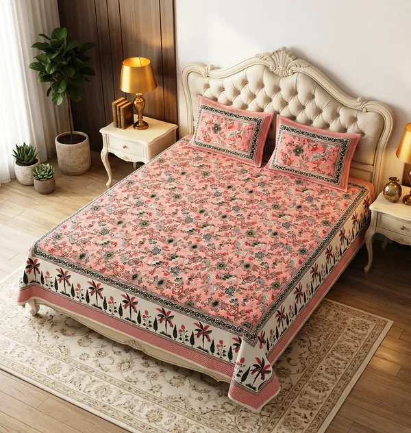Premium_Peach_Blossom_&_Palm_Motif__100%_Pure_Cotton_Super_King_Size_Double_Bedsheet_with_2_Pillow_Cover_|_108*108_Inch_|_300_TC