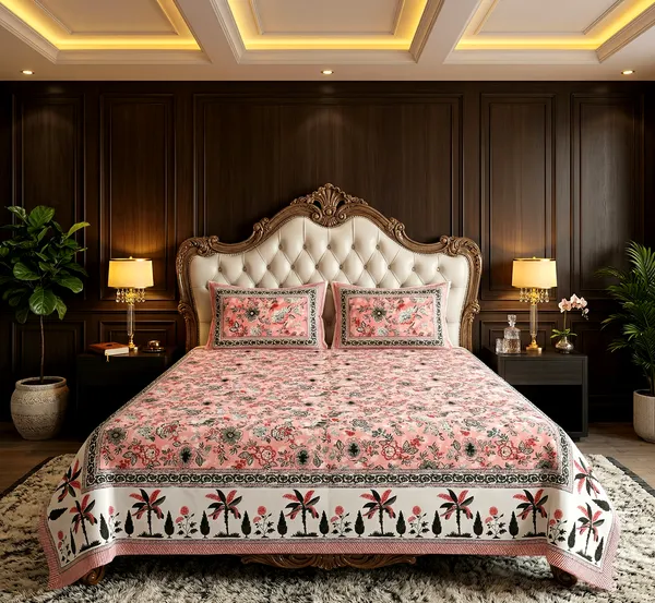 Premium_Peach_Blossom_&_Palm_Motif__100%_Pure_Cotton_Super_King_Size_Double_Bedsheet_with_2_Pillow_Cover_|_108*108_Inch_|_300_TC
