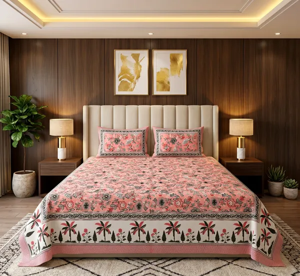 Premium_Peach_Blossom_&_Palm_Motif__100%_Pure_Cotton_Super_King_Size_Double_Bedsheet_with_2_Pillow_Cover_|_108*108_Inch_|_300_TC