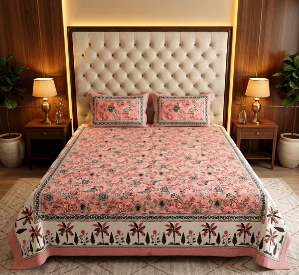 Premium_Peach_Blossom_&_Palm_Motif__100%_Pure_Cotton_Super_King_Size_Double_Bedsheet_with_2_Pillow_Cover_|_108*108_Inch_|_300_TC