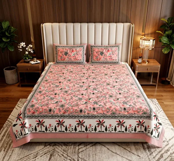 Premium_Peach_Blossom_&_Palm_Motif__100%_Pure_Cotton_Super_King_Size_Double_Bedsheet_with_2_Pillow_Cover_|_108*108_Inch_|_300_TC