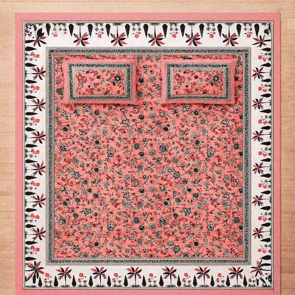 Premium_Peach_Blossom_&_Palm_Motif__100%_Pure_Cotton_Super_King_Size_Double_Bedsheet_with_2_Pillow_Cover_|_108*108_Inch_|_300_TC