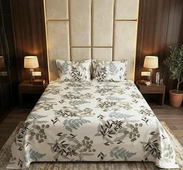 Sage_&_Slate_Leaf_Print_Premium_Glace_Cotton_Double_Bedsheet_With_2_Pillow_Cover_|_90*100_Inch_|_140_GSM_|_Queen_Size