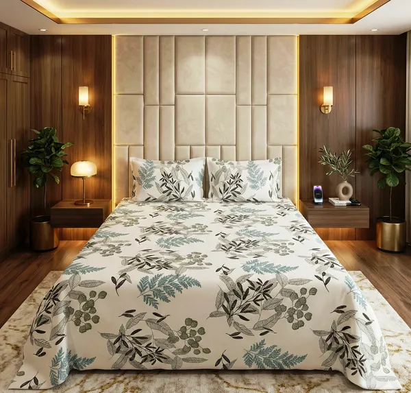 Sage_&_Slate_Leaf_Print_Premium_Glace_Cotton_Double_Bedsheet_With_2_Pillow_Cover_|_90*100_Inch_|_140_GSM_|_Queen_Size