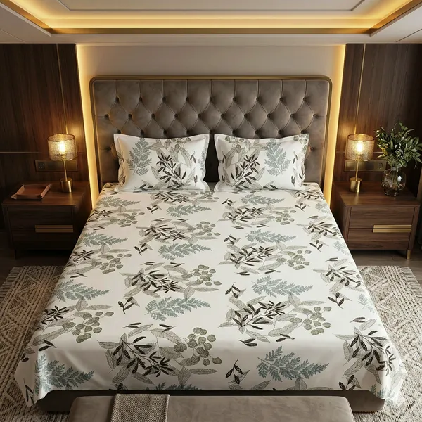 Sage_&_Slate_Leaf_Print_Premium_Glace_Cotton_Double_Bedsheet_With_2_Pillow_Cover_|_90*100_Inch_|_140_GSM_|_Queen_Size