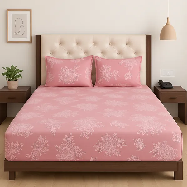 Blossom_Pink_Fitted__Cotton_Rich_Feel_Wrinkle_Free_Double_Bedsheet_|_72*78+6_Inch_|_120_GSM