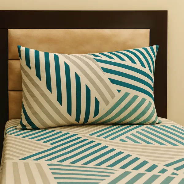 Green_&_White__100%_Cotton_Rich__Single_Bedsheet_With_1_Pillow_Cover_|_60*90_Inch_|__120_GSM