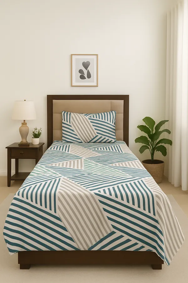 Green_&_White__100%_Cotton_Rich__Single_Bedsheet_With_1_Pillow_Cover_|_60*90_Inch_|__120_GSM