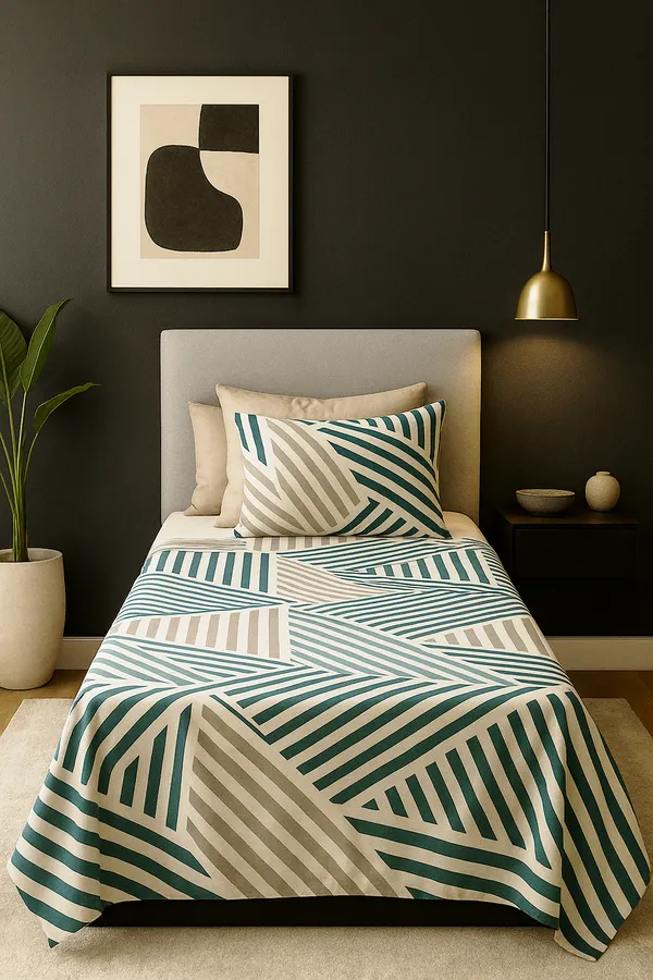 Green_&_White__100%_Cotton_Rich__Single_Bedsheet_With_1_Pillow_Cover_|_60*90_Inch_|__120_GSM