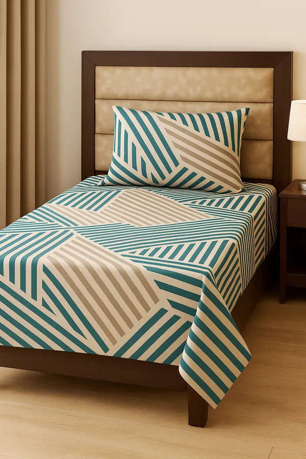 Green_&_White__100%_Cotton_Rich__Single_Bedsheet_With_1_Pillow_Cover_|_60*90_Inch_|__120_GSM
