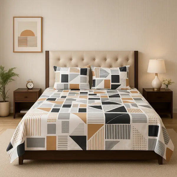 Contemporary_Grid_Pattern_White_&_Grey_Cotton_Rich_Feel_Double_Bedsheet_With_2_Pillow_Cover_|_90*100_Inch_|_140_GSM_|_Queen_Size
