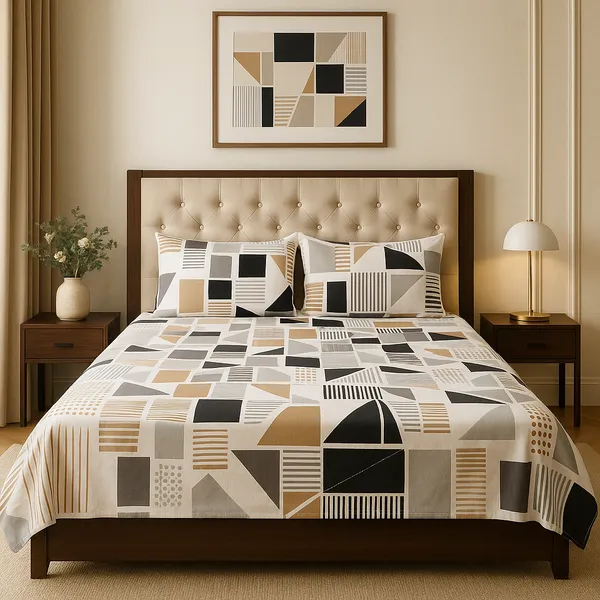 Contemporary_Grid_Pattern_White_&_Grey_Cotton_Rich_Feel_Double_Bedsheet_With_2_Pillow_Cover_|_90*100_Inch_|_140_GSM_|_Queen_Size