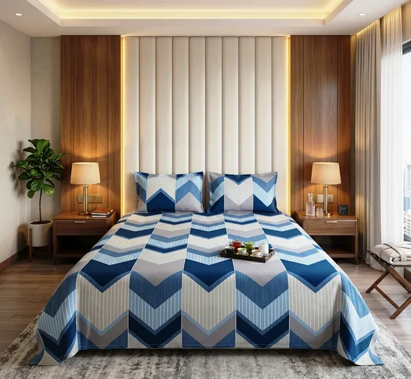 Modern_Blue_Striped_Chevron_Light_Blue__100%_Cotton_Feel_Double_Bedsheet_with_2_Pillow_Cover|_90*100_Inch_|_140_GSM_|_Queen_Size