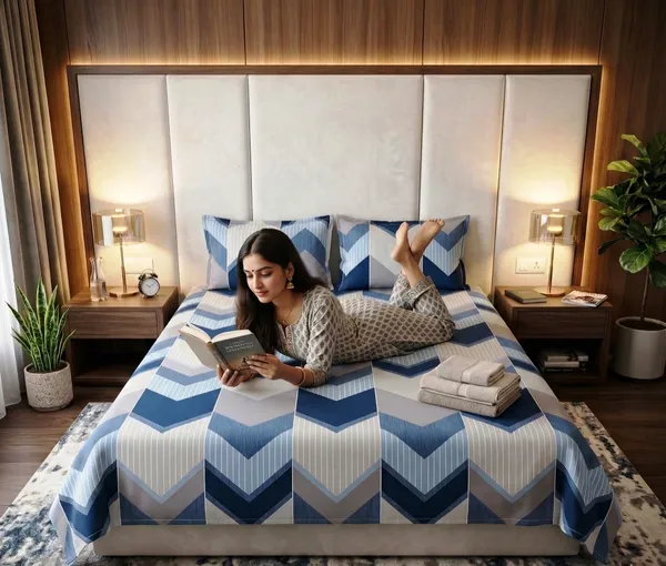Modern_Blue_Striped_Chevron_Light_Blue__100%_Cotton_Feel_Double_Bedsheet_with_2_Pillow_Cover|_90*100_Inch_|_140_GSM_|_Queen_Size