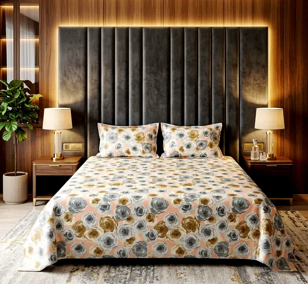 Peach_Gold_Rose_Print_Queen-Size_Bedsheet_Set_With_2_Pillow_Cover_|_Ultra_Soft_&_Premium_Design_|_90*100_Inch_|_140_GSM