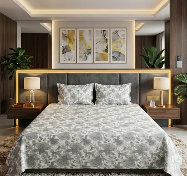 Premium_Grey_Floral_Soft_Cotton_Feel_Super_King_Size_Double_Bedsheet_Set_with_2_Pillow_Covers_For_Modern_Luxury_Bedroom_|_108*108_Inch_|_140_GSM