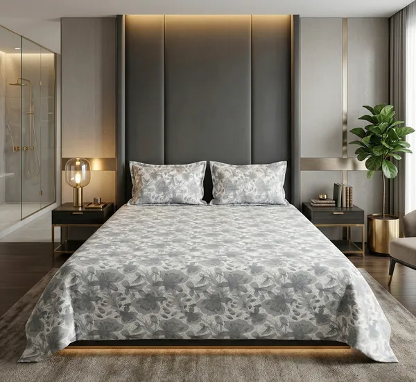 Premium_Grey_Floral_Soft_Cotton_Feel_Super_King_Size_Double_Bedsheet_Set_with_2_Pillow_Covers_For_Modern_Luxury_Bedroom_|_108*108_Inch_|_140_GSM
