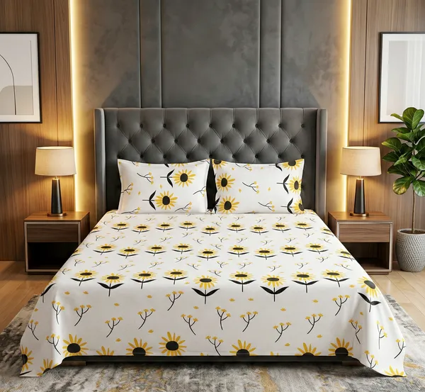 Sunshine_Bloom_Modern_Sunflower_Cotton_Rich_Feel_Flat_Double_Bedsheet_With_2_Pillow_Cover_|_90*100_Inch_|__140_GSM_|_Queen_Size