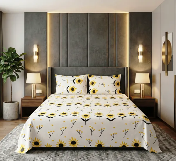 Sunshine_Bloom_Modern_Sunflower_Cotton_Rich_Feel_Flat_Double_Bedsheet_With_2_Pillow_Cover_|_90*100_Inch_|__140_GSM_|_Queen_Size