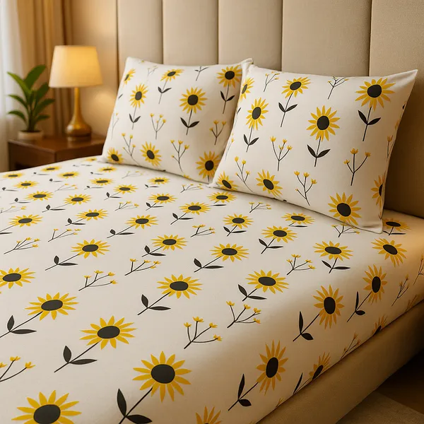Sunshine_Bloom_Modern_Sunflower_Cotton_Rich_Feel_Flat_Double_Bedsheet_With_2_Pillow_Cover_|_90*100_Inch_|__140_GSM_|_Queen_Size