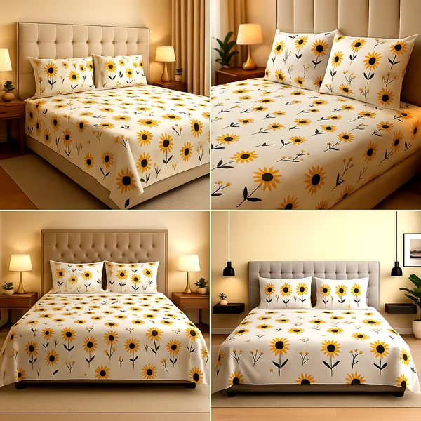 Sunshine_Bloom_Modern_Sunflower_Cotton_Rich_Feel_Flat_Double_Bedsheet_With_2_Pillow_Cover_|_90*100_Inch_|__140_GSM_|_Queen_Size