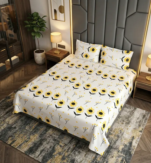 Sunshine_Bloom_Modern_Sunflower_Cotton_Rich_Feel_Flat_Double_Bedsheet_With_2_Pillow_Cover_|_90*100_Inch_|__140_GSM_|_Queen_Size