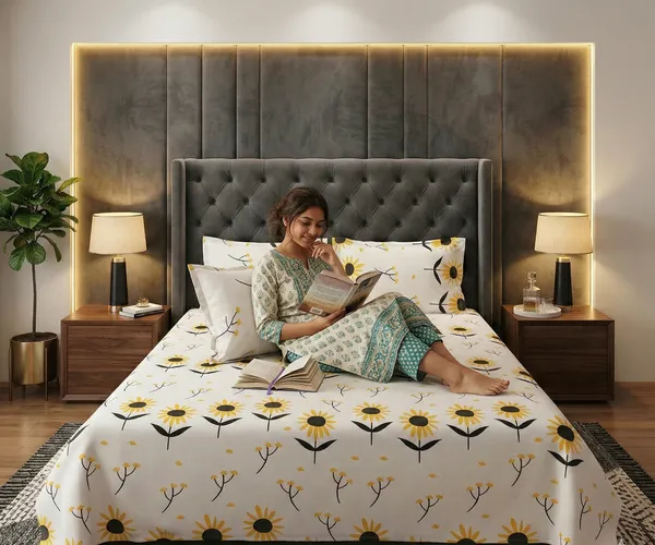 Sunshine_Bloom_Modern_Sunflower_Cotton_Rich_Feel_Flat_Double_Bedsheet_With_2_Pillow_Cover_|_90*100_Inch_|__140_GSM_|_Queen_Size