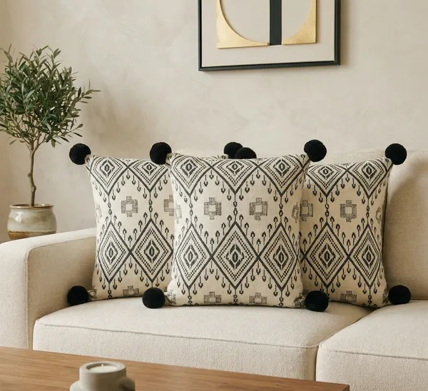 Set_of_3_Diamond_Geometric_Cushion_Covers_with_Black_Pom-Poms_|_Neutral_Farmhouse_&_Bohemian_Decor
