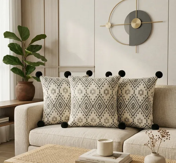 Set_of_3_Diamond_Geometric_Cushion_Covers_with_Black_Pom-Poms_|_Neutral_Farmhouse_&_Bohemian_Decor