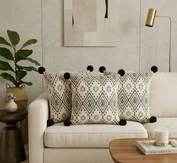 Set_of_3_Diamond_Geometric_Cushion_Covers_with_Black_Pom-Poms_|_Neutral_Farmhouse_&_Bohemian_Decor
