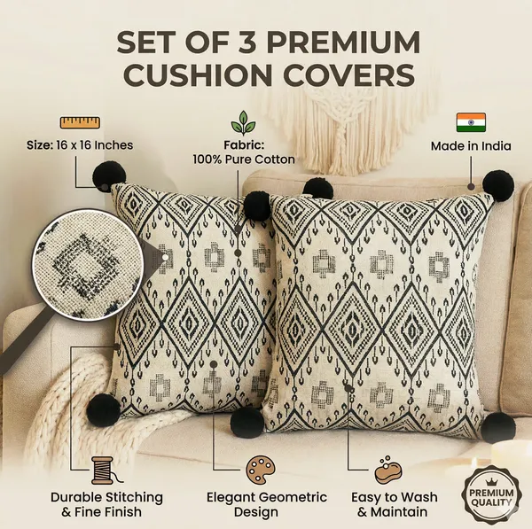 Set_of_3_Diamond_Geometric_Cushion_Covers_with_Black_Pom-Poms_|_Neutral_Farmhouse_&_Bohemian_Decor