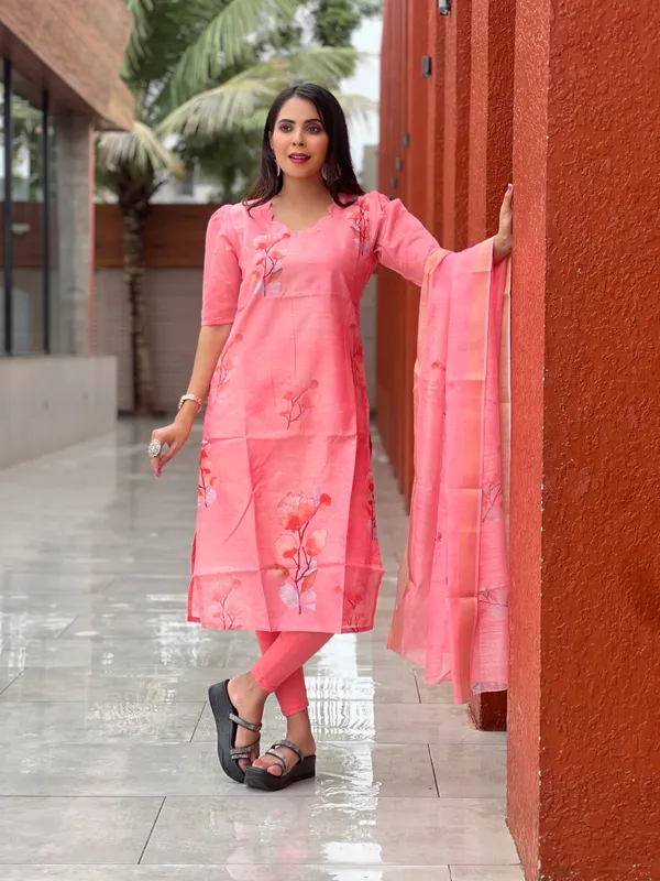 Peach_Chanderi_Cotton_Premium_&_Elegant_Straight_Kurti_With_Dupatta_Set_For_Women