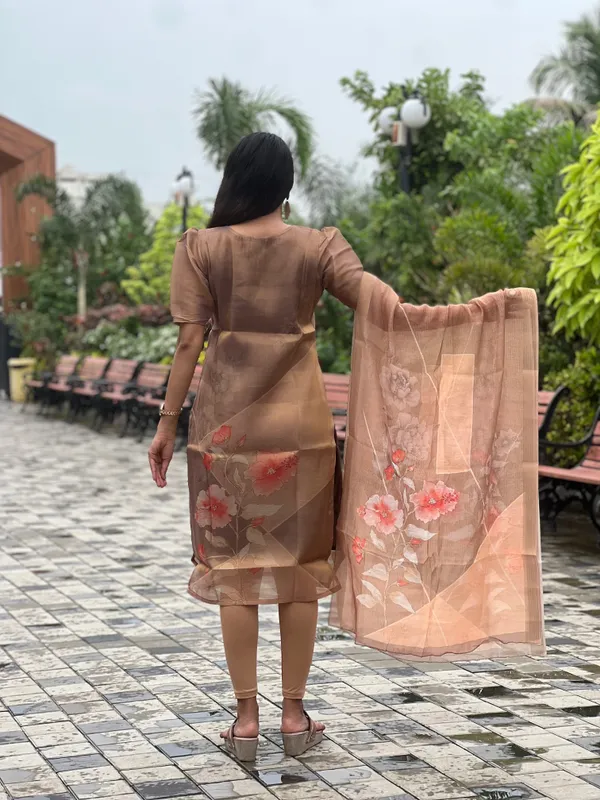 Brown_Tussar_Silk_Premium_&_Elegant_Aline_Kurti_With_Dupatta_Set_For_Women