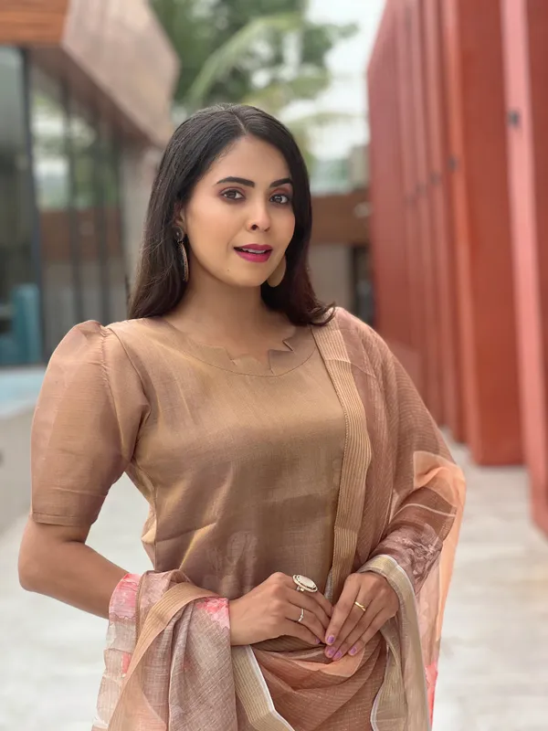 Brown_Tussar_Silk_Premium_&_Elegant_Aline_Kurti_With_Dupatta_Set_For_Women
