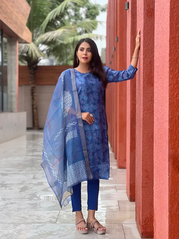 Blue_Chanderi_Cotton_Premium_&_Elegant_Straight_Kurti_With_Dupatta_Set_For_Women