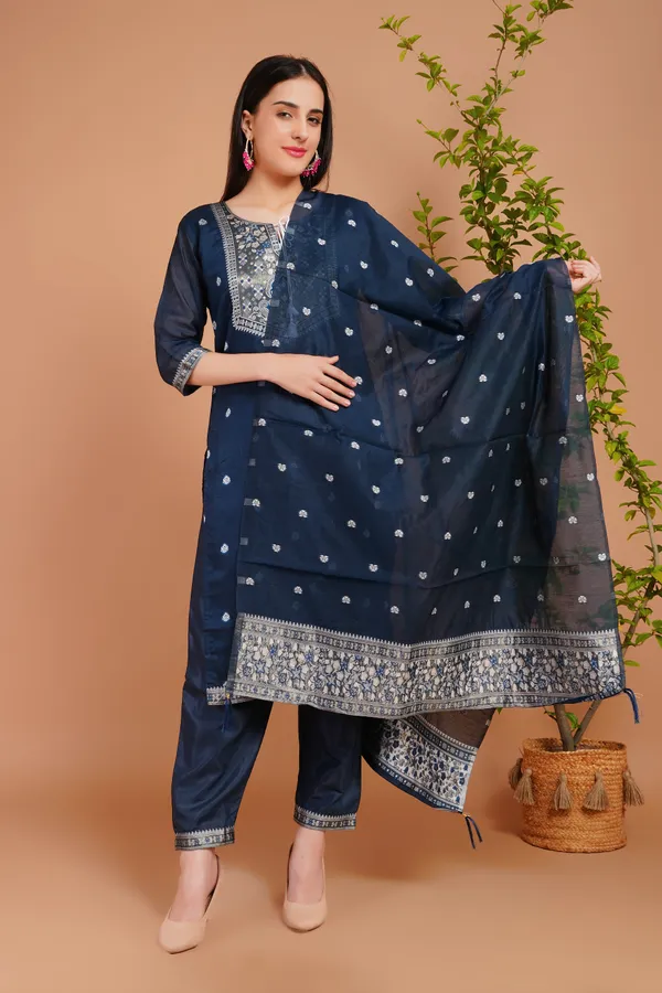 Dark_Blue_Stylish_Elegant_Design_Kurti_With_Pant_&_Dupatta_Set_For_Women