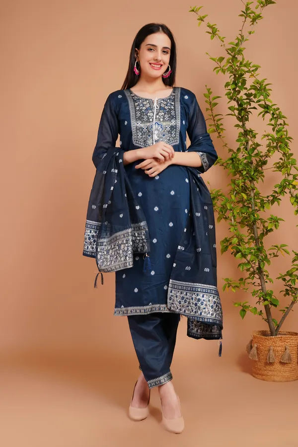 Dark_Blue_Stylish_Elegant_Design_Kurti_With_Pant_&_Dupatta_Set_For_Women